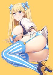 Rule 34 | 1girl, akita hika, ass, bad id, bad twitter id, bikini, blonde hair, blue bikini, blue eyes, blue panties, blue thighhighs, blush, borrowed character, bow, breasts, cleavage, closed mouth, dress, embarrassed, garter belt, garter straps, hair bow, heels, high heels, highres, huge ass, large breasts, legs, lina (michihasu), long hair, looking at viewer, lying, mary janes, nail polish, on side, original, panties, puffy short sleeves, puffy sleeves, shoe soles, shoes, short sleeves, side-tie bikini bottom, simple background, skindentation, smile, solo, string bikini, striped clothes, striped thighhighs, swimsuit, thick thighs, thighhighs, thighs, two side up, underwear, vertical-striped clothes, vertical-striped thighhighs, yellow background