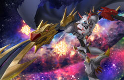 Rule 34 | absurdres, cannon, digimon, digimon (creature), explosion, fusion, highres, horns, omegamon alter-s, solo, sword, weapon