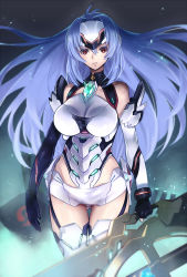 Rule 34 | 1girl, akinaie, android, asymmetrical gloves, bare shoulders, black gloves, blue hair, blush, breasts, cleavage, closed mouth, commentary request, cowboy shot, elbow gloves, expressionless, floating hair, forehead protector, gloves, gluteal fold, hair between eyes, headgear, highleg, highleg leotard, highres, hip focus, holding, holding weapon, kos-mos, kos-mos re:, large breasts, legs together, leotard, lips, long hair, looking at viewer, microskirt, mismatched gloves, red eyes, sidelocks, skirt, solo, standing, thigh gap, thighhighs, thighs, very long hair, weapon, white gloves, white leotard, white skirt, white thighhighs, xenoblade chronicles (series), xenoblade chronicles 2, xenosaga