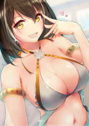 Rule 34 | 1girl, :d, arknights, armlet, bare shoulders, bikini, black hair, breasts, commentary request, criss-cross halter, dermar, grey bikini, hair between eyes, halterneck, hand up, heart, highres, large breasts, looking at viewer, magallan (arknights), multicolored hair, navel, open mouth, revision, short hair, smile, solo, stomach, streaked hair, swimsuit, upper body, yellow eyes