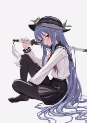 Rule 34 | 1girl, alternate costume, between legs, black hat, black pantyhose, black skirt, blue hair, blush, closed mouth, expressionless, fkey, food, from side, fruit, full body, grey background, hand between legs, hat, highres, hinanawi tenshi, holding, holding sword, holding weapon, indian style, knees up, leaf, long hair, long sleeves, looking at viewer, looking to the side, medium skirt, neckerchief, no shoes, pantyhose, peach, pleated skirt, red eyes, red neckerchief, school uniform, serafuku, simple background, sitting, skirt, solo, sword, tassel, touhou, tsurime, very long hair, weapon