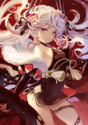 Rule 34 | 1girl, azur lane, bare shoulders, blush, breasts, dress, hair ornament, highres, long hair, looking at viewer, medium breasts, red eyes, ribbon, sibyl, sideboob, silver hair, smile, solo, twintails, vampire (azur lane)