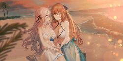 Rule 34 | 2girls, :d, absurdres, beach, bikini, black ribbon, blurry, blurry foreground, blush, breasts, brown hair, chihuri, cleavage, closed mouth, commentary request, depth of field, eye contact, female commander (girls&#039; frontline), girls&#039; frontline, green eyes, hair between eyes, hair ribbon, highres, holding hands, horizon, huge filesize, jewelry, long hair, looking at another, medium breasts, multiple girls, navel, ocean, official alternate costume, open mouth, outdoors, palm tree, pleated skirt, profile, red eyes, ribbon, ring, sand, sarong, silver hair, skirt, smile, springfield (girls&#039; frontline), springfield (stirring mermaid) (girls&#039; frontline), sunset, swimsuit, tree, very long hair, water, waves, wedding band, white bikini, white skirt, yuri