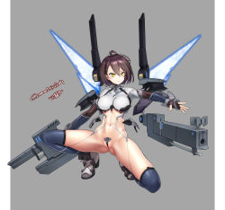 Rule 34 | 1girl, ahoge, alternate costume, azur lane, baltimore (azur lane), black gloves, blue thighhighs, bodysuit, braid, breasts, brown hair, c-string, closed mouth, commentary request, commission, crop top, detached wings, elbow gloves, fingerless gloves, french braid, full body, gauntlets, gloves, gluteal fold, grey background, groin, gun, hair between eyes, highres, holding, holding gun, holding weapon, impossible bodysuit, impossible clothes, large breasts, looking to the side, mecha musume, mechanical wings, navel, on one knee, revealing clothes, shoes, short hair, sidelocks, signature, simple background, skeb commission, skindentation, solo, strapless bottom, takada kazuhiro, thighhighs, weapon, white bodysuit, white footwear, wings, yellow eyes