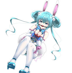 Rule 34 | 1girl, absurdres, ball gag, bare shoulders, blue bow, blue bowtie, blue eyes, blue footwear, blue hair, blue leotard, blush, bound, bound wrists, bow, bowtie, clenched hands, controller, craisis (craisis2), detached sleeves, drooling, dutch angle, egg vibrator, female focus, frilled bow, frilled leotard, frills, full body, gag, gagged, hair ornament, hair rings, hands up, high heels, highres, knees together feet apart, legs, leotard, long hair, long sleeves, looking at viewer, ongeki, open mouth, own hands together, pantyhose, pom pom (clothes), pom pom hair ornament, raised eyebrows, remote control, remote control vibrator, rope, saliva, sex toy, shoes, sidelocks, simple background, sitting, solo, spaghetti strap, striped bow, striped bowtie, striped clothes, suzushima arisu, twintails, vibrator, vibrator cord, vibrator under clothes, white background, white pantyhose, white sleeves