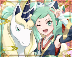Rule 34 | 1girl, ;d, alternate color, arm up, armpits, bow, commentary request, creatures (company), detached sleeves, eyelashes, framed, galarian form, galarian rapidash, game freak, gen 8 pokemon, green eyes, green hair, hair bow, hair ornament, hair ribbon, highres, japanese clothes, kimono, lisia (new year&#039;s 2023) (pokemon), lisia (pokemon), looking at viewer, nintendo, official alternate costume, one eye closed, open mouth, pokemon, pokemon (creature), pokemon masters ex, ribbon, shiny pokemon, smile, tarazumo (daizunattou014), upper body, v