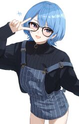 Rule 34 | 1girl, :d, absurdres, alternate costume, black-framed eyewear, black sweater, blue eyes, blue hair, blue overalls, blush, bob cut, commentary request, denim overalls, earrings, glasses, hair between eyes, hand up, highres, hololive, hoshimachi suisei, jewelry, knees out of frame, long sleeves, looking at viewer, medium hair, miniskirt, open mouth, overall skirt, overalls, simple background, skirt, sleeves past wrists, smile, solo, star (symbol), star in eye, striped clothes, striped overalls, sweater, symbol in eye, tagosaku (tatsukiuma0329), turtleneck, turtleneck sweater, v, vertical-striped clothes, virtual youtuber, white background, yellow nails