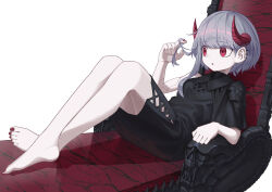 1girl asymmetrical_clothes barefoot black_dress cracked_skin demon_girl demon_horns dress full_body grey_hair highres horns original pale_skin reclining short_hair sitting solo thighs throne umigame_2000 white_background