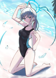 Rule 34 | 1girl, animal ear fluff, animal ears, beach, black one-piece swimsuit, blue archive, blue eyes, breasts, competition swimsuit, covered navel, cross hair ornament, doku-doku, extra ears, full body, grey hair, hair ornament, halo, highres, kneeling, low ponytail, medium breasts, medium hair, mismatched pupils, multicolored clothes, multicolored swimsuit, official alternate costume, one-piece swimsuit, shiroko (blue archive), shiroko (swimsuit) (blue archive), solo, swimsuit, water, wolf ears