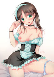 Rule 34 | 1girl, aftersex, bare shoulders, blush, breasts, brown hair, collarbone, cum, cum in pussy, green eyes, hair between eyes, hair ornament, jewelry, long hair, looking at viewer, maid, medium breasts, mikami mika, necklace, nipples, open mouth, original, panties, panties around leg, ribbon, solo, twintails, underwear, white background