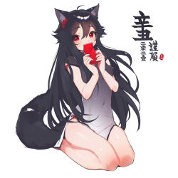 Rule 34 | 1girl, ahoge, animal ears, bare arms, black dress, black hair, blush, china dress, chinese clothes, commentary request, covered navel, dress, ejami, ekko (ejami), fox ears, fox girl, fox tail, gradient dress, grey dress, hair ornament, hands up, highres, holding, long hair, looking at viewer, new year, original, red eyes, seiza, short sleeves, simple background, sitting, solo, tail, translation request, white background