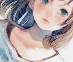 Rule 34 | 1girl, blue eyes, blush, brown hair, crying, crying with eyes open, faux traditional media, highres, lips, orie h, original, short hair, solo, tears
