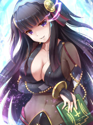 Rule 34 | 1girl, aura, black hair, bodystocking, book, breasts, cleavage, covered navel, fire emblem, fire emblem fates, fire emblem heroes, highres, large breasts, long hair, looking at viewer, navel, nintendo, parted lips, purple eyes, rhajat (fire emblem), smile, solo, stomach, tayashitsu, toned, upper body