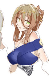 Rule 34 | 1girl, :d, blue dress, blush, breasts, brown hair, dress, e sky rugo, girls&#039; frontline, green eyes, hair between eyes, hair bun, highres, large breasts, looking at viewer, official alternate costume, open mouth, simple background, single hair bun, sketch, smile, solo, springfield (girls&#039; frontline), springfield (queen in radiance) (girls&#039; frontline), upper body, white background