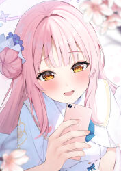 Rule 34 | 1girl, absurdres, blue archive, blush, breasts, capelet, cellphone, cherry blossoms, dress, flower, hair bun, hair flower, hair ornament, halo, highres, holding, holding phone, long hair, looking at viewer, medium breasts, mika (blue archive), open mouth, phone, pink hair, pink halo, purple flower, rei (ilust9999), revision, single side bun, smartphone, smile, solo, upper body, white capelet, white dress, yellow eyes