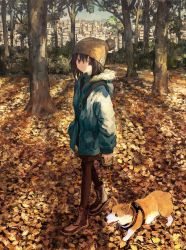 Rule 34 | 1girl, autumn leaves, beanie, boots, brown eyes, brown hair, commentary, pet walking, english commentary, hand in pocket, hat, highres, jacket, leash, original, outdoors, pantyhose, tokunaga akimasa, tree, welsh corgi