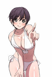 Rule 34 | 1girl, bare shoulders, bikini, blush, breasts, brown eyes, brown hair, cleavage, collarbone, cowboy shot, front-tie bikini top, front-tie top, hand on own leg, hand up, idolmaster, idolmaster cinderella girls, idolmaster cinderella girls starlight stage, james (jms-pnt), large breasts, looking at viewer, navel, oikawa shizuku, pointing, pointing at viewer, short hair, side-tie bikini bottom, simple background, smile, solo, standing, swimsuit, tongue, tongue out, white background, white bikini