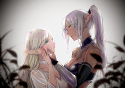 2girls backlighting bare_shoulders blonde_hair breasts cleavage collarbone commentary dark-skinned_female dark_skin elf eye_contact from_side green_eyes grey_hair hand_on_another&#039;s_cheek hand_on_another&#039;s_face hand_on_another&#039;s_hand large_breasts long_hair looking_at_another multiple_girls orange_eyes original parted_lips pointy_ears ponytail profile smile t_misaomaru upper_body yuri