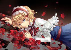 Rule 34 | 1girl, alice margatroid, bad id, bad pixiv id, blonde hair, blue eyes, bow, brooch, capelet, checkered floor, dress, earrings, female focus, floor, flower, hair bow, hairband, jewelry, k.i.i, kaoru (alicemakoto), lying, on stomach, reflection, ribbon, sash, short hair, smile, solo, touhou