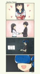 Rule 34 | 1boy, 1girl, 4koma, :d, ^ ^, black hair, black pants, black shirt, blue skirt, box, brown eyes, chair, cherry blossoms, closed eyes, comic, commentary, crying, english commentary, english text, falling petals, figure, from side, gakuran, gift, head-mounted display, heart, heart-shaped box, highres, holding, htc vive, indoors, kaname madoka, kantai collection, long hair, long sleeves, looking at another, mahou shoujo madoka magica, mahou shoujo madoka magica (anime), monitor, mouse (computer), neckerchief, open mouth, original, otaku, otaku room, pants, pas (paxiti), petals, pleated skirt, poster (object), red neckerchief, red ribbon, ribbon, school uniform, screen light, serafuku, shimakaze (kancolle), shirt, short sleeves, skirt, smile, standing, straight hair, striped, tissue box, twitter username, ultimate madoka, valentine, virtual reality