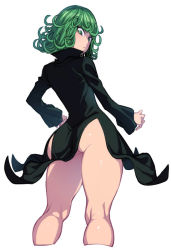 Rule 34 | 1girl, ass, ass focus, bare legs, black dress, commentary request, curly hair, curvy, dress, flipped hair, green eyes, green hair, high collar, huge ass, kneepits, looking back, no panties, one-punch man, shiny skin, short hair, side slit, solo, spacezin, tatsumaki, thick thighs, thighs, wide hips