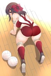 Rule 34 | 10s, 1girl, abenattou, all fours, ass, ball, black footwear, breasts, brown eyes, brown hair, commentary, elbow pads, from above, from behind, girls und panzer, hanging breasts, headband, knee pads, kondou taeko, large breasts, looking at viewer, looking back, open mouth, red headband, red shirt, red shorts, red socks, shadow, shirt, shoes, short hair, short shorts, shorts, sleeveless, sleeveless shirt, socks, solo, sportswear, sweat, thighs, trefoil, volleyball (object), volleyball uniform, wooden floor