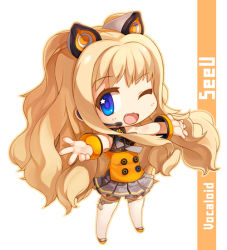 Rule 34 | 1girl, :3, animal ears, blonde hair, blue eyes, bracelet, character name, chibi, copyright name, fang, jewelry, long hair, one eye closed, open mouth, ran system, seeu, skirt, smile, solo, vocaloid, wink