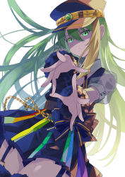 Rule 34 | 1girl, absurdres, alina gray, aqua eyes, black bow, black hat, black necktie, black vest, blunt ends, bow, brooch, chain, closed mouth, collar, cross tie, detached collar, fur cuffs, garter straps, gem, green gemstone, green hair, hair between eyes, hat, highres, jewelry, lapels, long hair, magia record: mahou shoujo madoka magica gaiden, magical girl, mahou shoujo madoka magica, mamadasky, miniskirt, multicolored clothes, multicolored hair, multicolored skirt, necktie, notched lapels, peaked cap, pleated skirt, puffy short sleeves, puffy sleeves, see-through, see-through sleeves, short sleeves, sidelocks, simple background, skirt, sleeve cuffs, solo, straight hair, streaked hair, striped clothes, striped skirt, v-neck, vertical-striped clothes, vertical-striped skirt, very long hair, vest, waist bow, white collar, white sleeves