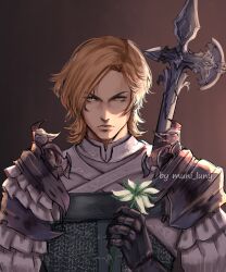 Rule 34 | 1boy, armor, bladed lance, blonde hair, brown background, closed mouth, dion lesage, doodleing time, earrings, final fantasy, final fantasy xvi, flower, halberd, highres, holding, holding flower, jewelry, looking at viewer, male focus, polearm, serious, short hair, shoulder armor, simple background, solo, standing, upper body, vest, weapon, white armor, white flower, white vest, yellow eyes