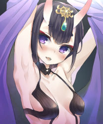 Rule 34 | 1girl, armpits, arms up, black hair, blush, breasts, collarbone, eyebrows, fangs, fate/grand order, fate (series), gem, head tilt, horns, looking at viewer, mirei, open mouth, purple eyes, short hair, shuten douji (fate), skin-covered horns, small breasts, solo, teeth, thick eyebrows, upper body