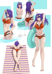 Rule 34 | 1girl, absurdres, ahoge, aqua eyes, arm up, armpits, ass, bare legs, barefoot, beach towel, bikini, blush, breasts, butt crack, cleavage, closed eyes, closed mouth, commentary, english commentary, english text, feet, female focus, fire emblem, fire emblem: path of radiance, fire emblem: radiant dawn, fire emblem heroes, from side, full body, goggles, goggles on head, grin, groin, hair between eyes, hand in own hair, hand on own hip, highres, holding, holding swim ring, innertube, large breasts, lips, long hair, looking at viewer, lying, mia (fire emblem), midriff, multiple views, navel, nintendo, o-ring, o-ring bikini, on stomach, one eye closed, open mouth, orange bikini, profile, purple hair, shark, sitting, smile, standing, sweatdrop, swim ring, swimsuit, toes, topless, towel, untied bikini, vialnite, wading, water, wet, wet hair
