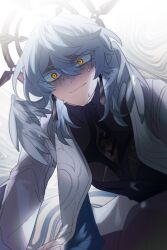 Rule 34 | 1boy, coat, colored eyelashes, constricted pupils, gangd r, grey hair, halo, halo behind head, head wings, high collar, highres, honkai: star rail, honkai (series), male focus, nervous smile, nervous sweating, shaded face, smile, sunday (honkai: star rail), sweat, two-tone background, white coat, white wings, wide-eyed, wing piercing, wings, yellow eyes