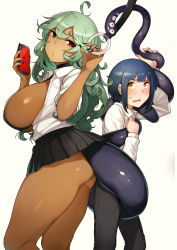 Rule 34 | 1boy, 1girl, absurdres, age difference, ahoge, ass, black nails, black pants, black skirt, blue hair, blush, breasts, breasts out, cellphone, chijo, child, closed mouth, dark-skinned female, dark skin, dot mouth, fingernails, green hair, gyaru, height difference, highres, holding, holding phone, kogal, long fingernails, looking at viewer, microskirt, nail polish, onee-shota, original, pants, parted lips, phone, pleated skirt, prehensile hair, red eyes, school uniform, shirt, sideboob, simple background, skirt, smartphone, sweatdrop, tail, tentacles, wakamesan, white background, white shirt, wrapped, yellow eyes, you gonna get raped