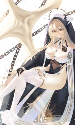 Rule 34 | 1girl, absurdly long hair, absurdres, azur lane, bare shoulders, between breasts, black dress, black gloves, blonde hair, breasts, chain, cleavage, closed mouth, covered navel, crossed legs, detached collar, dress, fake horns, feet out of frame, flower, gloves, habit, hair between eyes, half gloves, halo, hand on own knee, highres, horns, implacable (azur lane), invisible chair, large breasts, long hair, long sleeves, looking at viewer, mechanical halo, necktie, no panties, nun, orange eyes, pelvic curtain, ram (404272725), see-through, side slit, simple background, sitting, smile, solo, thighhighs, two-tone dress, veil, very long hair, white background, white horns, white thighhighs