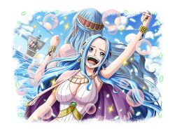 Rule 34 | 1girl, blue hair, blue sky, border, breasts, cleavage, cropped torso, dress, going merry, hand up, jewelry, large breasts, long hair, multiple views, necklace, nefertari vivi, ocean, official art, one piece, one piece treasure cruise, open mouth, sky, solo, teeth, transparent border, water, white dress