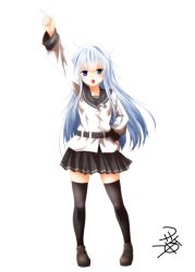 Rule 34 | belt, black belt, black skirt, black thighhighs, blue eyes, full body, hand on own hip, hand up, hibiki (kancolle), highres, kantai collection, loafers, long hair, long sleeves, looking at viewer, messy hair, no headwear, open mouth, pleated skirt, pointing, pointing up, sailor collar, school uniform, shoes, silver hair, simple background, skirt, standing, thighhighs, verniy (kancolle), white background, yua (checkmate), zettai ryouiki