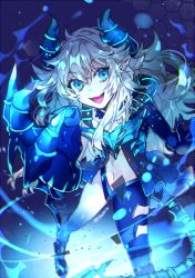 Rule 34 | + +, 1girl, :d, asymmetrical clothes, bad id, bad pixiv id, blue background, blue eyes, blue theme, demon girl, diabla (elsword), elsword, foreshortening, gloves, horns, long hair, looking at viewer, luciela r. sourcream, midriff, navel, open mouth, piyo (ppotatto), pointy ears, single pantsleg, smile, solo, symbol-shaped pupils, tail, twitter username, white hair