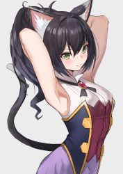 Rule 34 | 1girl, absurdres, animal ear fluff, animal ears, armpits, arms behind head, arms up, black hair, blush, breasts, brooch, cat ears, cat girl, cat tail, closed mouth, ddalrim, dress, green eyes, hair between eyes, hands in hair, highres, jewelry, karyl (princess connect!), long hair, looking at viewer, multicolored hair, ponytail, princess connect!, purple dress, simple background, sleeveless, sleeveless dress, small breasts, smile, solo, split mouth, streaked hair, tail, white hair