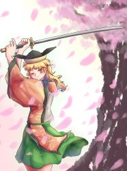 Rule 34 | 1girl, arms up, belt, black hat, blonde hair, blush, brown hat, cape, cherry blossoms, closed mouth, detached sleeves, green belt, green skirt, hands up, hat, highres, katana, long hair, long sleeves, looking at viewer, matara okina, one eye closed, orange cape, orange eyes, orange sleeves, petals, shirt, skirt, smile, solo, standing, sun symbol, sword, touhou, tree, weapon, white background, white shirt, yu cha