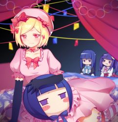 Rule 34 | 3girls, :3, absurdres, bead necklace, beads, black gloves, blonde hair, blue hair, blue ribbon, bow, character pillow, dress, elbow gloves, frederica bernkastel, frilled legwear, frilled sleeves, frills, furudo erika, gloves, hair ribbon, hat, highres, jewelry, lambdadelta, multiple girls, necklace, no mouth, pillow, pink dress, pink eyes, pink headwear, pink ribbon, puffy short sleeves, puffy sleeves, purple eyes, purple hair, red bow, red ribbon, ribbon, short hair, short sleeves, sitting, socks, striped clothes, striped legwear, striped socks, umineko no naku koro ni, xiaoaxiesiyangyuan
