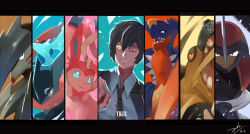 Rule 34 | 1boy, bianyuanqishi, bisharp, black eyes, black hair, black neckwear, blue eyes, chinese commentary, commentary request, creatures (company), dated, excadrill, face, frown, game freak, garchomp, gen 4 pokemon, gen 5 pokemon, gen 6 pokemon, greninja, hair between eyes, highres, hippowdon, hippowdon (male), letterboxed, looking at viewer, male focus, necktie, nintendo, one eye closed, open mouth, original, pokemon, pokemon (creature), sharp teeth, signature, sylveon, teeth