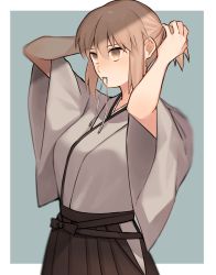 Rule 34 | 1girl, adjusting hair, alternate hairstyle, arms up, bad id, bad twitter id, black skirt, blonde hair, brown eyes, commentary request, fate/grand order, fate (series), grey kimono, hair between eyes, hair tie, hair tie in mouth, highres, japanese clothes, kimono, koha-ace, looking away, mouth hold, okita souji (fate), okita souji (koha-ace), ponytail, short hair, short ponytail, sidelocks, skirt, solo, tying hair, usamimikurage, wide sleeves