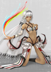 Rule 34 | 10s, 1girl, altera (fate), bare shoulders, black nails, collarbone, dark-skinned female, dark skin, detached sleeves, fate/extella, fate/extra, fate (series), full-body tattoo, full body, highres, hoodier, jewelry, kneeling, looking at viewer, nail polish, navel, necklace, photon ray (fate), red eyes, revealing clothes, short hair, solo, tattoo, veil, white hair, wind