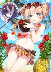 Rule 34 | 1girl, bikini, blonde hair, blue eyes, blush, bracelet, cloud, coconut, coconut tree, drinking straw, dutch angle, emia (castilla), eyewear on head, flower, food, fruit, fruit cup, gothic wa mahou otome, heart, heart-shaped eyewear, heart-shaped glasses, heart-shaped sunglasses, highres, holding, holding umbrella, jewelry, looking at viewer, outdoors, palm tree, parasol, parted lips, pineapple, rabbit, short hair, short twintails, sky, solo, sunglasses, swimsuit, tree, twintails, umbrella