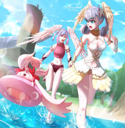 Rule 34 | 3girls, breasts, cleavage, head wings, highres, melia antiqua, mercury xeno, multiple girls, nene (xenoblade), nopon, outdoors, pink fur, silver hair, swimsuit, tyrea (xenoblade), water, wings, xenoblade chronicles: future connected, xenoblade chronicles (series), xenoblade chronicles 1