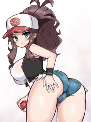 Rule 34 | 1girl, aqua eyes, ass, ass grab, back, bare legs, bare shoulders, baseball cap, black vest, blue shorts, blush, breasts, brown hair, butt crack, cameltoe, chro (rulurullu), covered erect nipples, covered navel, creatures (company), denim, denim shorts, female focus, from behind, game freak, green eyes, hat, high ponytail, hilda (pokemon), holding, holding poke ball, huge ass, large breasts, leaning forward, long hair, looking at viewer, looking back, nintendo, parted lips, poke ball, poke ball (basic), pokemon, pokemon bw, ponytail, shiny skin, shirt, short shorts, shorts, skin tight, sleeveless, sleeveless shirt, solo, vest, white shirt, wristband