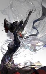 Rule 34 | 1girl, absurdres, arknights, black dress, black gloves, black headwear, closed mouth, dress, gloves, grey hair, hands up, highres, long hair, official alternate costume, qianzhu, simple background, solo, specter (arknights), specter the unchained (arknights), very long hair