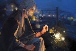 Rule 34 | 1boy, agentj, alternate costume, bead bracelet, beads, blue background, blurry, blurry background, bracelet, commentary, earclip, elezen, elf, feet out of frame, festival, final fantasy, final fantasy xiv, fireworks, from side, grey hair, grey kimono, hair between eyes, haurchefant greystone, highres, holding, holding fireworks, japanese clothes, jewelry, kimono, male focus, night, outdoors, pointy ears, seigaiha, short hair, sitting, smile, solo, sparkler, yukata