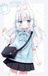 Rule 34 | 1girl, animal ear fluff, animal ears, bag, black skirt, blue bow, blue eyes, blush, bow, collared shirt, commentary request, double bun, dress shirt, grey background, grey hair, hair bun, hair ornament, hairclip, hand up, highres, long hair, looking at viewer, low twintails, nakkar, original, parted lips, plaid, plaid bow, pleated skirt, shirt, short sleeves, shoulder bag, skirt, solo, standing, sweater vest, twintails, two-tone background, white background, white shirt