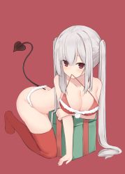 Rule 34 | 1girl, absurdres, bikini, blush, breast hold, breasts, christmas, closed mouth, demon girl, eyes visible through hair, gift, grey hair, highres, large breasts, looking at viewer, memekko, original, red background, red eyes, red thighhighs, santa bikini, santa costume, simple background, solo, swimsuit, tail, thighhighs, twintails